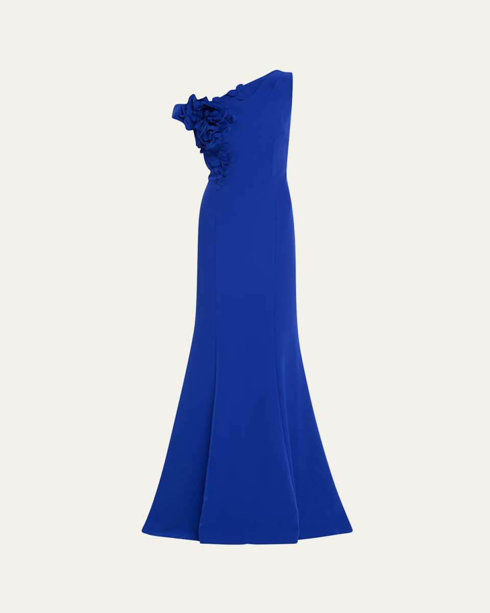 One-Shoulder Floral Applique Crepe Mermaid Gown